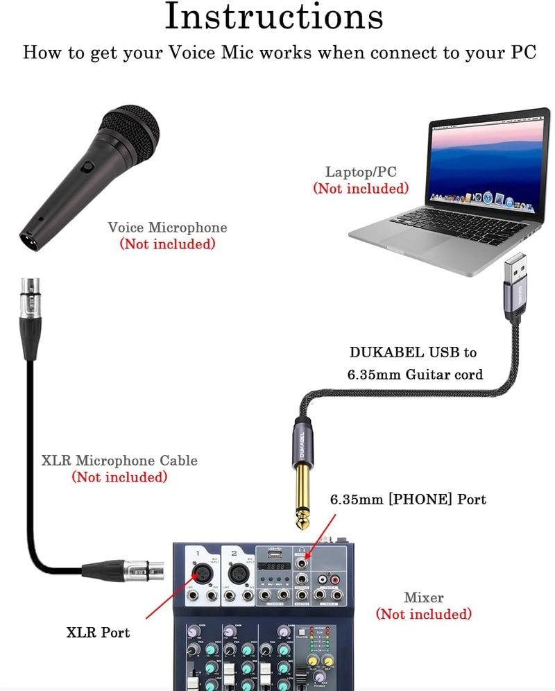 DUKABEL كابل جيتار USB، USB-A إلى كابل 1/4 TS لتسجيل الجيتار، 8 أقدام/2.4 متر كابل أحادي للأداة للباس، الخلاط، الكمبيوتر، اللابتوب (لا يعمل مع RockSmith) - Image 4